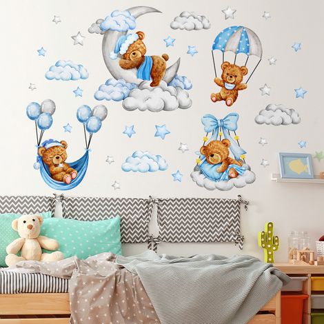Montgolfière Bleu Autocollant Mural Ours  Étoiles Nuage Stickers Muraux Animaux Dessin Animé Décoration Murale pour Bébé Pépinière Chambre Enfants Salon Mur TV