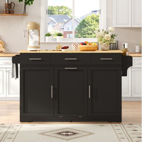 Isola cucina mobile 136x50x92 cm MDF nero naturale piano ribaltabile salvaspazio - CHICFURN (1/5)