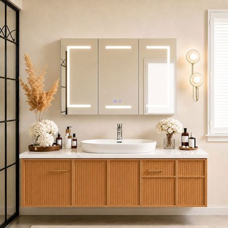 Wand-Badezimmer-Schrank mit Spiegel, Badezimmermöbel Aufbewahrung, 100x13.5x60 cm, 3 Türen, verstellbares Regal, Weiß (1/5)