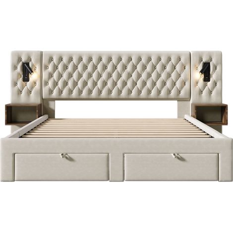 Komplettbett 160x200 cm aus beigem Samt mit 2 Nachttischen, 4 Schubladen und LED HOMVRA (1/5)