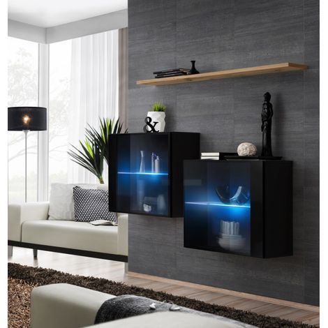 Lot de 2 Vitrines Murales & Étagère "Switch SBIII" 130cm Noir & Naturel (1/3)