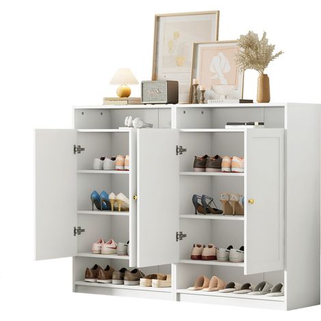 CHICFURN Meuble à chaussures blanc à 2 portes, étagères réglables, poignées métalliques dorées, rangement multifonction pour entrée, chaussures et accessoires (1/5)