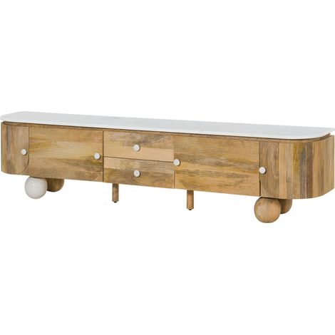 Meuble TV Manguier naturel / blanc laqué 220x40x50 cm partiellement assemblé FLORENZ 102 (1/4)