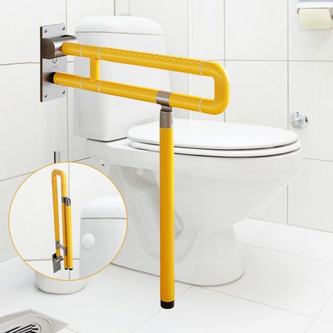 Barre d’appui WC relevable en U, rabattable murale antidérapante - pieds réglables, aide PMR/seniors - facturer 150 kg - Jaune, 60 cm - Version 4e génération pliable avec pieds (1/5)