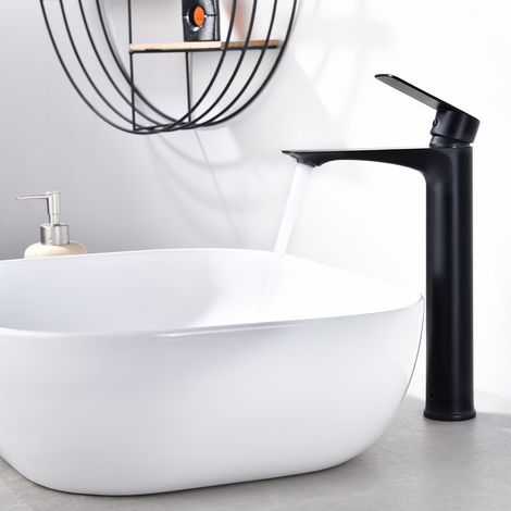 Robinet Salle de Bain Noir Bec Haut – Mitigeur Lavabo Monocommande en Acier Inoxydable, Mélangeur Eau Chaude et Froide Design Moderne (1/5)