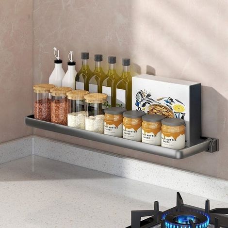 Küchenregal, Gewürzaufbewahrung, faltbar, 50×12,7×3 cm – Küchenaufbewahrung ohne Bohren, für Gewürze, multifunktional – Grau