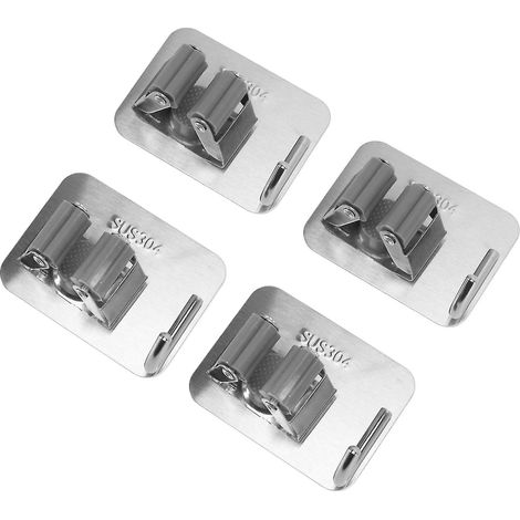Lot de 4 supports de balai/serpillère argentés avec crochet mural, en acier inoxydable 304, auto-adhésifs. (1/5)