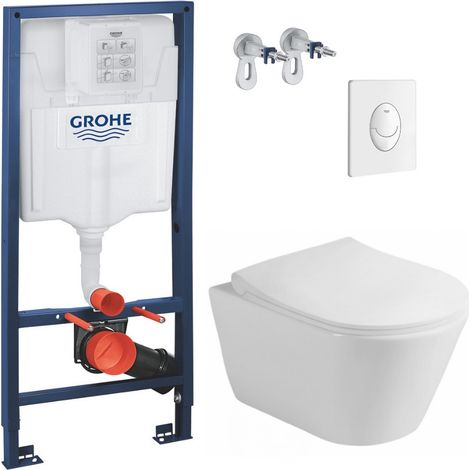 Grohe Pack WC Bâti-support Rapid SL + WC sans bride Lucco Avva + Abattant softclose + Plaque blanche (RapidSL-Avva-3) (1/5)