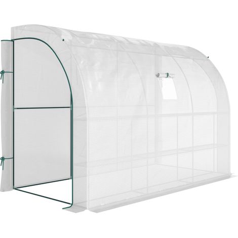 Serre adossée de jardin avec tablettes 3 étages, petite serre de balcon en toile PE 140 g/m², dimensions 300 x 150 x 213 cm, blanc (1/5)