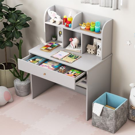 Bureau d'Etude en Bois pour Enfants Petit Bureau avec Clapier et 1 Tiroir Etagère de Rangement Bureau pour Etudiants avec Rangement Gris (1/2)