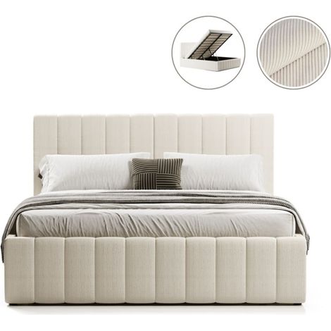 Lit coffre 140x190 cm – Tissu velours côtelé beige – Sommier inclus – Coffre de rangement spacieux – Hauteur 34.5 cm – Meubler Design (1/5)