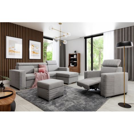 Ecksofa inkl. Hocker und Sessel CANTON Stoff Camelia Hellgrau Ottomane Rechts (1/4)