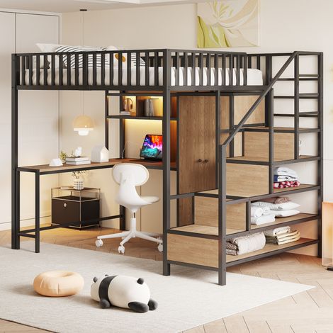Cama Alta 140 x 200 Cm Con Escritorio, Armario, Cajones, LED, USB Y Tipo-C, Sin Colchón, De Metal, Negro