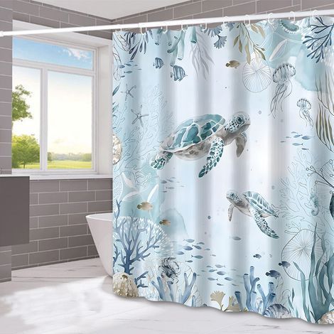 Rideau de douche Tortue de mer Bleu Océan Algues Rideau de bain Tissu polyester Anti-moisissure Imperméable Lavable Rideau de salle de bain 180 x 180 cm avec 12 crochets pour baignoire (1/5)