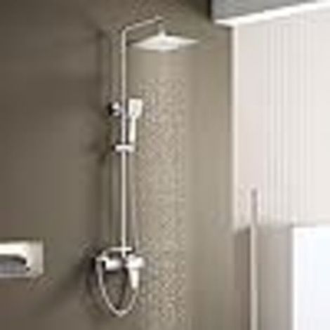 Ensemble de douche  avec robinetterie, système de douche avec mitigeur monocommande, barre de douche réglable et pommeau de douche carré, effet pluie. (1/5)