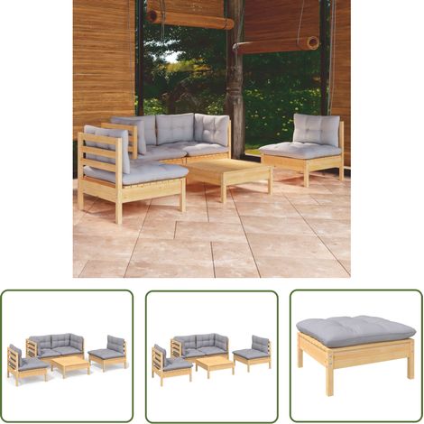The Living Store 5-tlg. Garten-Lounge-Set mit Grauen Kissen Kiefer Massivholz - Gartengeräte - Gartenmöbel - Lounge Set - Kiefernholzmöbel - Outdoor Möbel (1/5)
