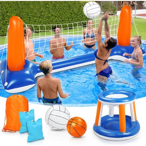 Ensemble de volley-ball gonflable Subtail, flotteur de piscine gonflable de 290 cm avec panier de basket et ballons, jeu de volley-ball flottant pour enfants et adultes