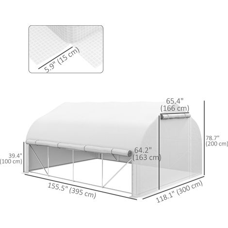 Serre blanche de 4 x 3 m (13 x 9,8 pi) avec parois latérales enroulables zippées, porte moustiquaire, 8 fenêtres moustiquaires, bâche en PE, étiquettes pour plantes et gants inclus. (1/5)