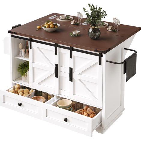Carro de Cocina con Puertas Correderas y Tablero Plegable y Estantes Ajustables para Cocina en MDF Blanco (1/5)