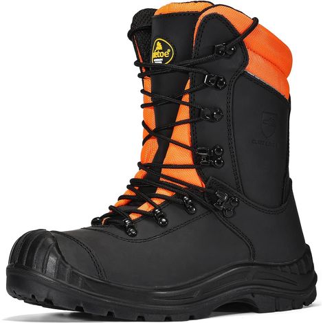 Bottes de protection de sécurité pour tronçonneuse Classe 1 avec bout en acier véritable de vache robuste Cuir à mémoire de forme Semelle intérieure en mousse à mémoire de forme Coupe sur bois (1/5)