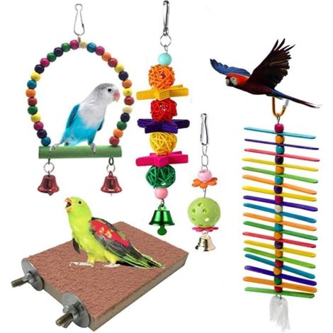 Vogelspielzeug, 5-teiliges Kauspielzeug, Schaukelsitz mit Holzperlen, Ballglöckchen für Papageien, Sittiche, Kanarienvögel, Finken, Aras, Nymphensittiche und kleine Vögel (1/4)