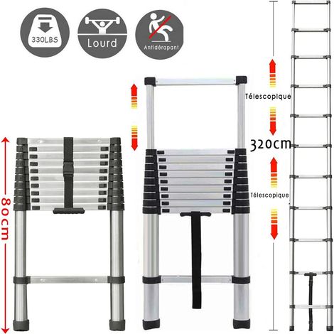 Échelle télescopique 3,2m Echelle Pliante Acier Inoxydable avec Le mécanisme de rétraction, Charge Maximale 150kg, Sûre et Solide, Extensible Ladder (en131) (1/5)
