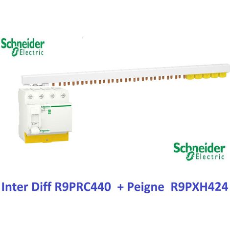 Interrupteur différentiel Resi9 4P 40A 30ma - AC + Peigne 3P+N - 24 M Schneider R9PRC440 avec R9PXH424