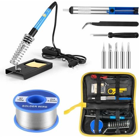 Soldering kit for 60W 220V soldering iron, adjustable temperature desoldering pump, wire holder with 5 soldering tips, tweezers, anti-static desoldering pump, etc. -INH (1/5)