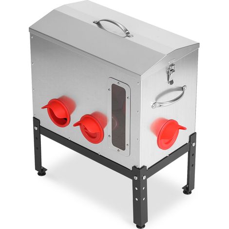 Jiubiaz Großer Geflügel Futterspender 18 kg / 40 lb, 6 Fressöffnungen, Metall-Hühnerfutterautomat mit Sichtfenster, Deckelverschluss, Tragegriff, 3 Höhen (1/5)