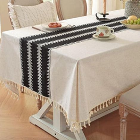Nappe en coton et lin – Nappe décorative – Décoration de table à manger – Avec pompons élégants – 140 x 180 cm – Noir (1/5)