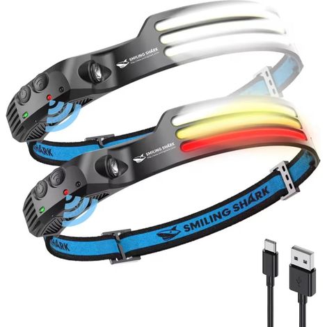 Lampe Frontale, 2 Pièces 230°Angle Large 3LED Bandes Lumineuses Multi-Couleurs Rechargeable et Capteur de Motion Étanche pour le Camping la Randonnée, Lampe-Frontale-LED-Camping-Light (1/5)