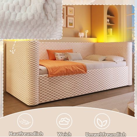 lit adulte couchage rangement 90x200 velours beige LED HAVRYA (1/5)