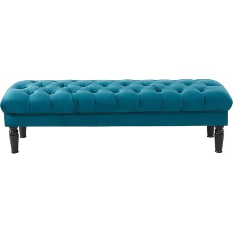 Vente-Unique – Banc RINALDO 1 place en velours bleu canard – Assise capitonnée – Pieds en bois noir – Longueur 160 cm – Hauteur 46 cm – Profondeur 50 cm