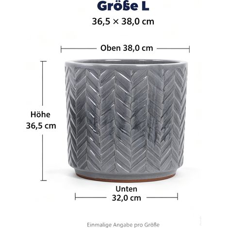 Pot fleur céramique fait main Ø38 cm gris cendre brillant, relief arête poisson, respirant résistant gel avec drainage, grandes plantes, Ø38 cm, coloris gris cendre (1/5)