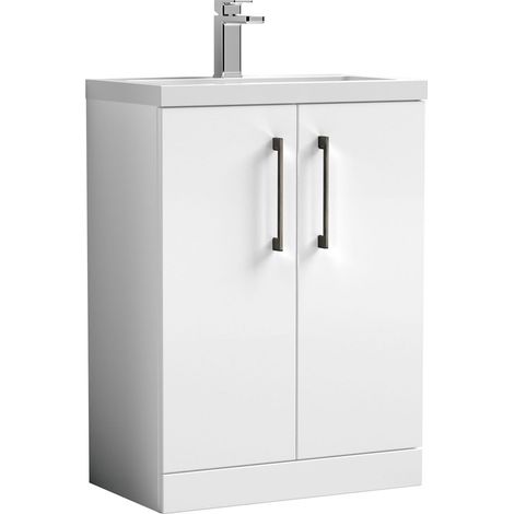 Balterley Bramshall Compact Bathroom Cloakroom Vanity Basin Unit with Ceramic Basin, Brushed Pewter Handles, 600mm, Gloss White