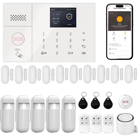 Système d'alarme Domestique Wi-FI écran Tactile, Commande par Application, kit sécurité Composants avec détecteur de Mouvement, capteur de Porte, télécommande et sirène (1/5)