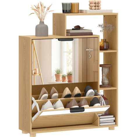 Meuble à chaussures - HOMCOM - 10 paires - portes en miroir, 2 tiroirs et compartiments ouverts - bois - 80 x 24 x 98 cm - chêne (1/5)