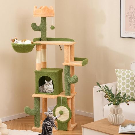 GOPLUS Arbre à Chat Cactus Haut 160cm, 5 Niveaux avec Perchoir, Hamac, Nid, Plateformes et Griffoirs en Sisal, Arbre a Chat avec 2 Boules Suspendues, Vert et Orange (1/5)