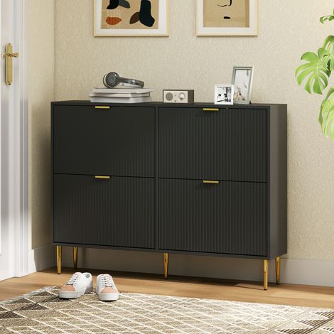 Scarpiera per 20 paia con 4 cassetti a ribalta, ante scanalate e ripiani regolabili, 105x24x91,5 cm, nera. (1/5)