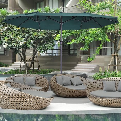 Double parasol 455×265cm manivelle anti-UV pare-vent protection solaire balcon jardin terrasse, vert foncé