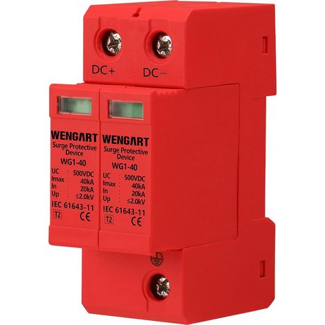 Parafoudre Photovoltaïque DC 2P - 500V - 20kA/40kA - Protection Contre la Foudre pour Panneaux Solaires - Cartouches Débrochables - Montage Rail DIN - WG1-40 (1/5)