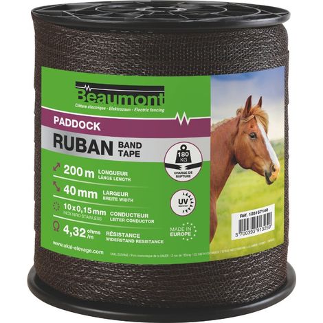 Ruban marron 40 mm – 200 m polyéthylène traité anti-UV – Conducteur inox 0.15 mm – Résistance mécanique 180 kg pour clôture électrique – Ukal