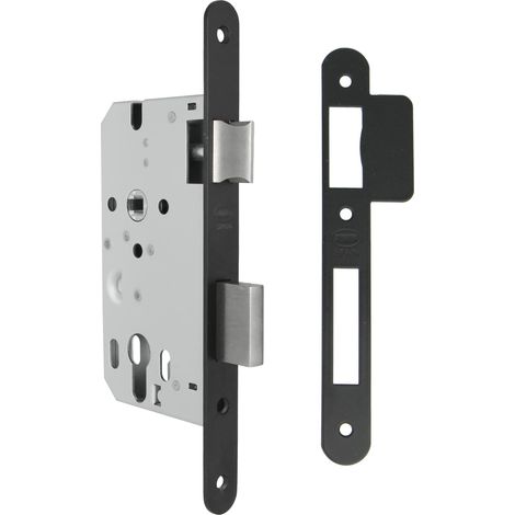 Serrure Encastrée pour Portes en Bois Avec Gâche de Fermeture Face et Support à Angle Rond Entrée de 50 mm Pêne réversible Acier Noir Mat 230 mm (1/4)