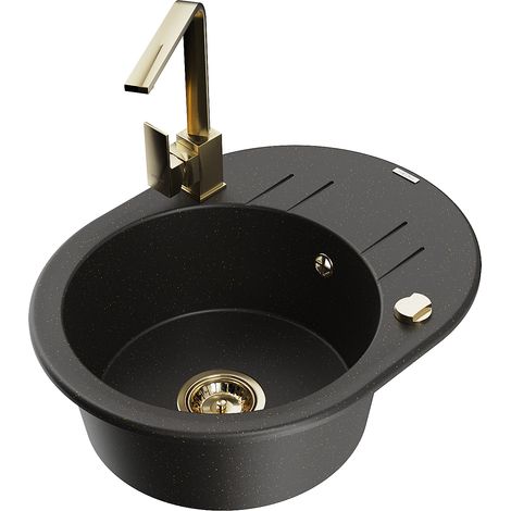 Mexen Kevin Granitspüle 1-Schüssel mit Abtropffläche und Küchenarmatur Rita, schwarz/gold metallic - 6517-75-670300-50 (1/5)