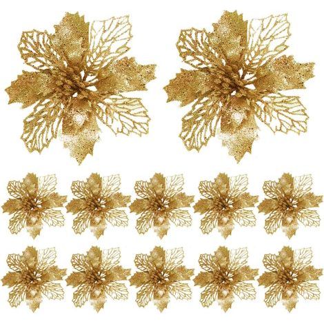 BRAVIX 12 Pièces Glitter Fleurs de Poinsettia de Noël d’Ornement, Noël Glitter Décoration Sapin Ornement pour La Fête de Mariage (Or) (1/5)