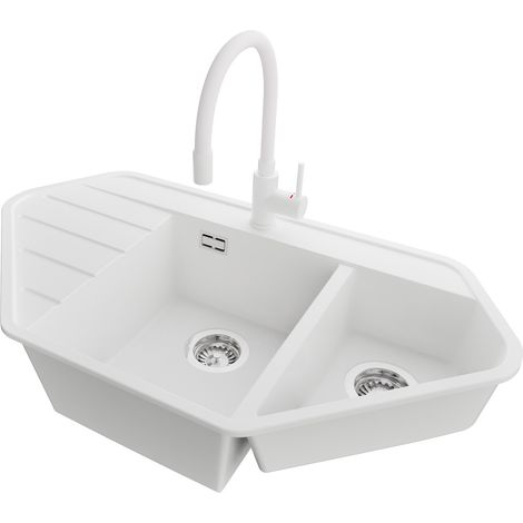 PRIMAGRAN Evier d'angle en Granit 90x50cm, Lavabo Cuisine 1,5 bacs + Kit de Vidage + Accessoire, Évier à Encastrer au meuble 70cm - Copenhague Corner, Blanc (1/5)