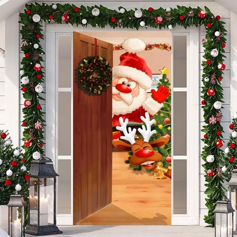 Couverture de Porte Noel, Décoration de Noël Porte Bannière Père Noël, Suspendue Bannière Arrière-Plan Couverture Décoration Porche, Decoration Noel Exterieur Pere Noel Renne Maison Fête (1/5)