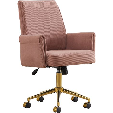 Silla de oficina giratoria regulable en altura de terciopelo acanalado rosa con base dorada MODENUIT (1/5)