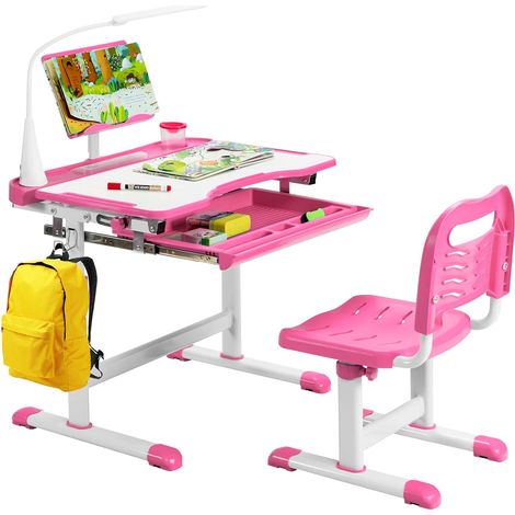 COSTWAY Bureau Enfants avec Chaise, Réglable en Hauteur, Éclairage LED, Plateau Inclinable et Tiroir Coulissant, Rose (1/5)
