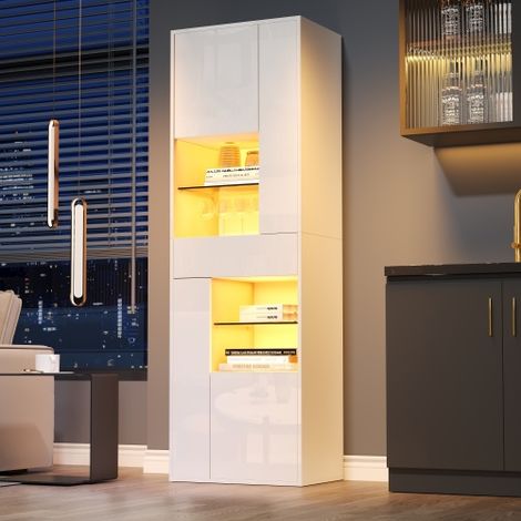 Vetrina 5538170 cm, mobile alto con 1 cassetto e 4 ante, vetrina in vetro con illuminazione a LED, vetrine con design lucido, mobili per soggiorno, vetrine, espositori, bianco (1/5)